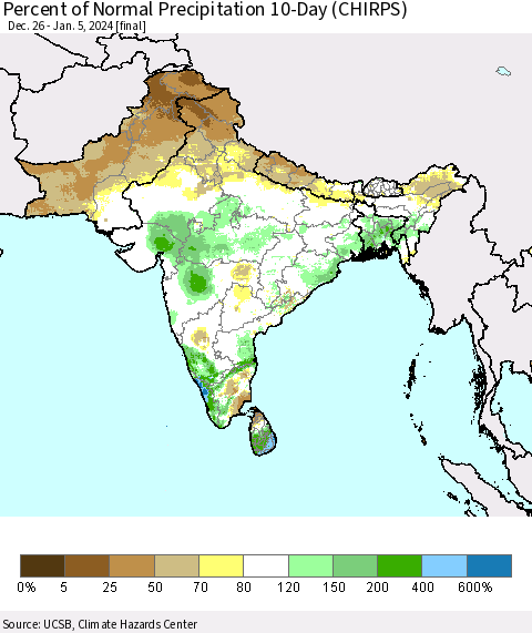 Southern Asia Percent of Normal Precipitation 10-Day (CHIRPS) Thematic Map For 12/26/2023 - 1/5/2024