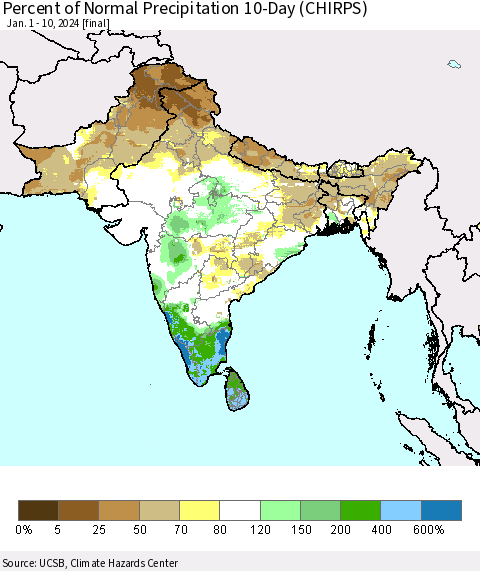 Southern Asia Percent of Normal Precipitation 10-Day (CHIRPS) Thematic Map For 1/1/2024 - 1/10/2024