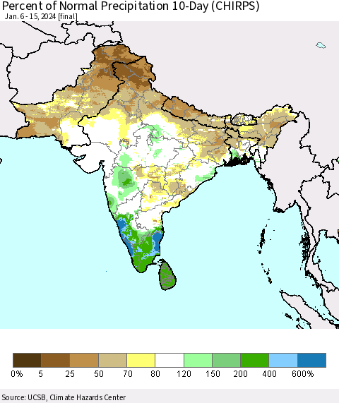 Southern Asia Percent of Normal Precipitation 10-Day (CHIRPS) Thematic Map For 1/6/2024 - 1/15/2024