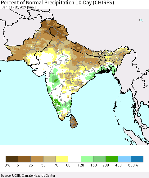 Southern Asia Percent of Normal Precipitation 10-Day (CHIRPS) Thematic Map For 1/11/2024 - 1/20/2024