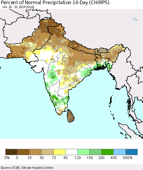 Southern Asia Percent of Normal Precipitation 10-Day (CHIRPS) Thematic Map For 1/16/2024 - 1/25/2024