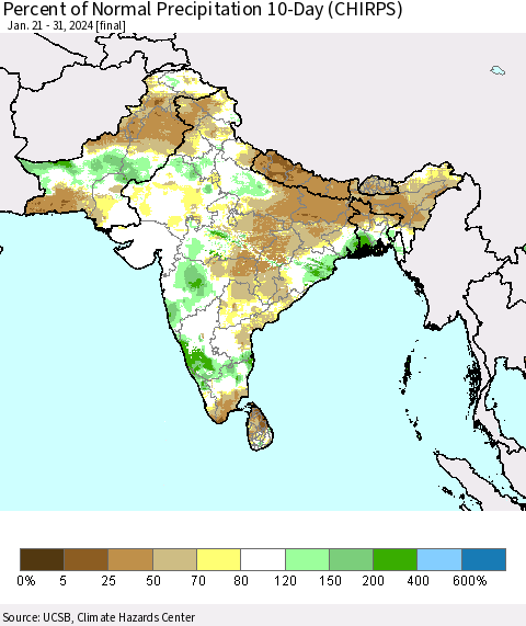 Southern Asia Percent of Normal Precipitation 10-Day (CHIRPS) Thematic Map For 1/21/2024 - 1/31/2024