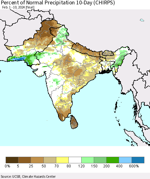 Southern Asia Percent of Normal Precipitation 10-Day (CHIRPS) Thematic Map For 2/1/2024 - 2/10/2024