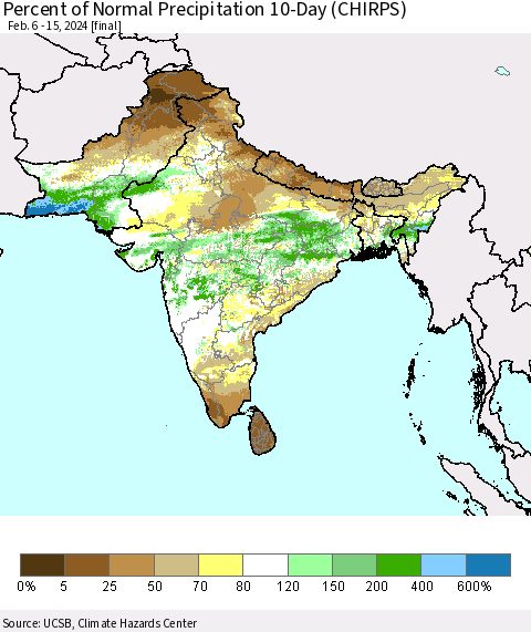 Southern Asia Percent of Normal Precipitation 10-Day (CHIRPS) Thematic Map For 2/6/2024 - 2/15/2024