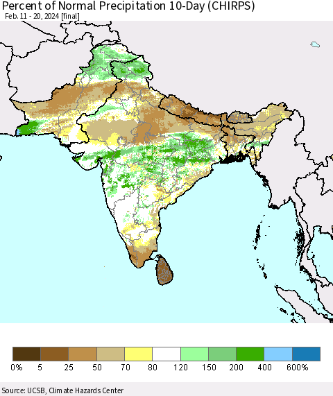Southern Asia Percent of Normal Precipitation 10-Day (CHIRPS) Thematic Map For 2/11/2024 - 2/20/2024
