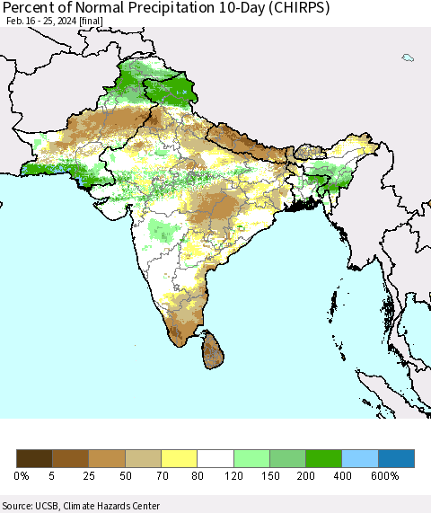 Southern Asia Percent of Normal Precipitation 10-Day (CHIRPS) Thematic Map For 2/16/2024 - 2/25/2024