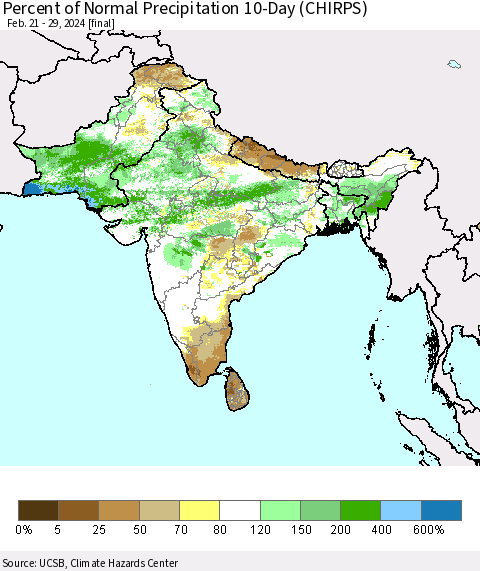 Southern Asia Percent of Normal Precipitation 10-Day (CHIRPS) Thematic Map For 2/21/2024 - 2/29/2024