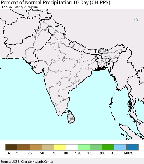 Southern Asia Percent of Normal Precipitation 10-Day (CHIRPS) Thematic Map For 2/26/2024 - 3/5/2024