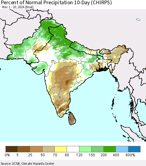 Southern Asia Percent of Normal Precipitation 10-Day (CHIRPS) Thematic Map For 3/1/2024 - 3/10/2024