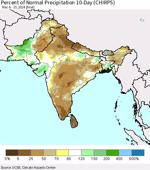 Southern Asia Percent of Normal Precipitation 10-Day (CHIRPS) Thematic Map For 3/6/2024 - 3/15/2024