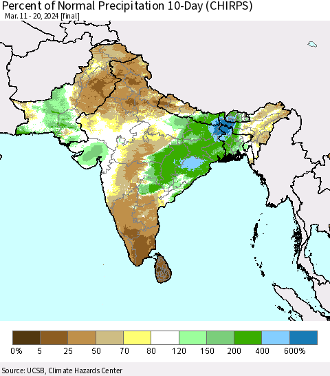 Southern Asia Percent of Normal Precipitation 10-Day (CHIRPS) Thematic Map For 3/11/2024 - 3/20/2024