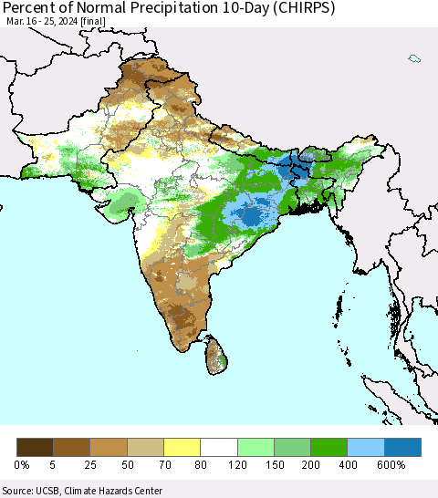Southern Asia Percent of Normal Precipitation 10-Day (CHIRPS) Thematic Map For 3/16/2024 - 3/25/2024