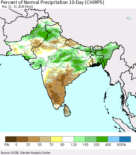 Southern Asia Percent of Normal Precipitation 10-Day (CHIRPS) Thematic Map For 3/21/2024 - 3/31/2024