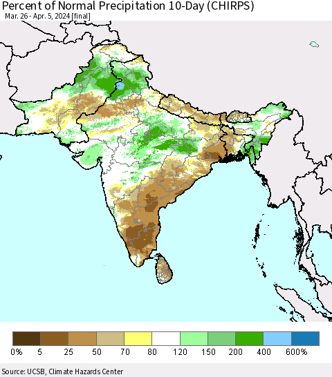 Southern Asia Percent of Normal Precipitation 10-Day (CHIRPS) Thematic Map For 3/26/2024 - 4/5/2024