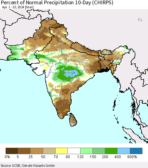 Southern Asia Percent of Normal Precipitation 10-Day (CHIRPS) Thematic Map For 4/1/2024 - 4/10/2024