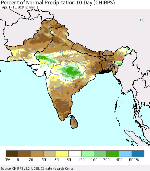 Southern Asia Percent of Normal Precipitation 10-Day (CHIRPS) Thematic Map For 4/1/2024 - 4/10/2024
