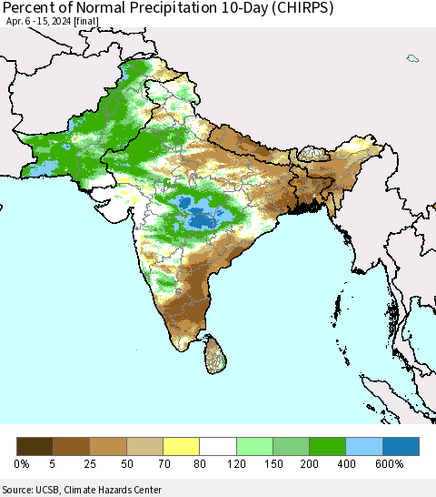 Southern Asia Percent of Normal Precipitation 10-Day (CHIRPS) Thematic Map For 4/6/2024 - 4/15/2024