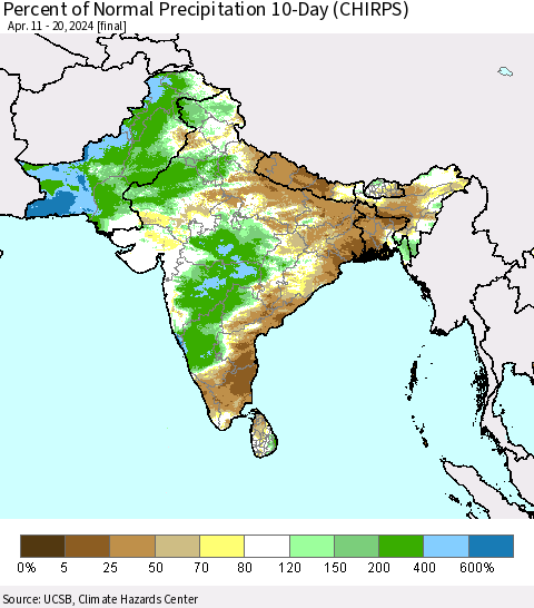 Southern Asia Percent of Normal Precipitation 10-Day (CHIRPS) Thematic Map For 4/11/2024 - 4/20/2024