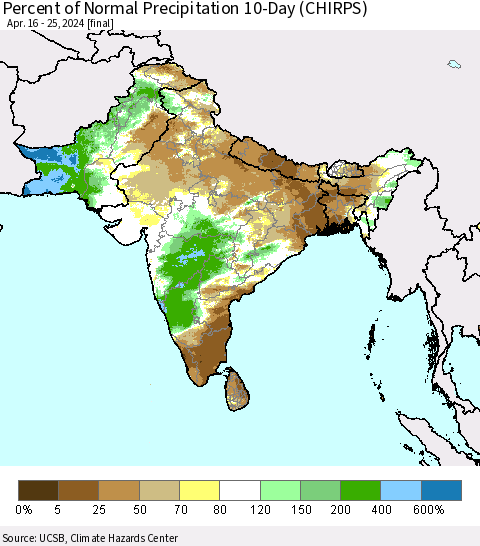 Southern Asia Percent of Normal Precipitation 10-Day (CHIRPS) Thematic Map For 4/16/2024 - 4/25/2024