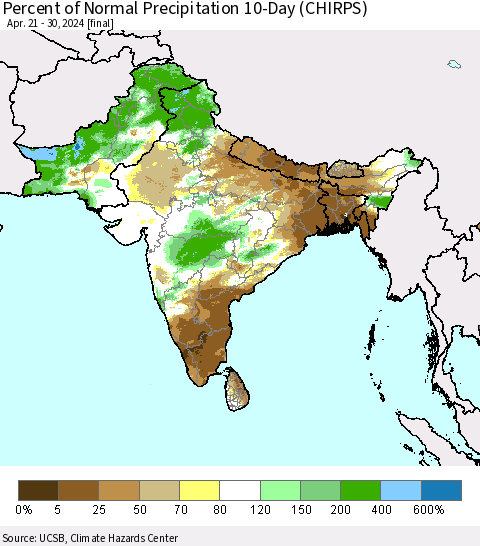 Southern Asia Percent of Normal Precipitation 10-Day (CHIRPS) Thematic Map For 4/21/2024 - 4/30/2024