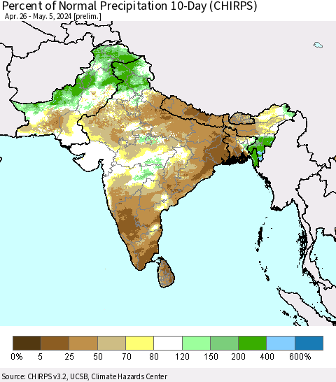 Southern Asia Percent of Normal Precipitation 10-Day (CHIRPS) Thematic Map For 4/26/2024 - 5/5/2024