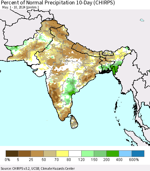 Southern Asia Percent of Normal Precipitation 10-Day (CHIRPS) Thematic Map For 5/1/2024 - 5/10/2024