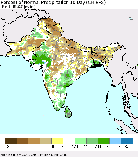 Southern Asia Percent of Normal Precipitation 10-Day (CHIRPS) Thematic Map For 5/6/2024 - 5/15/2024