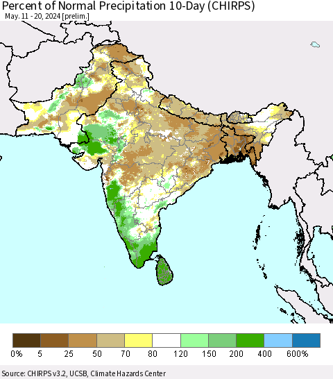 Southern Asia Percent of Normal Precipitation 10-Day (CHIRPS) Thematic Map For 5/11/2024 - 5/20/2024