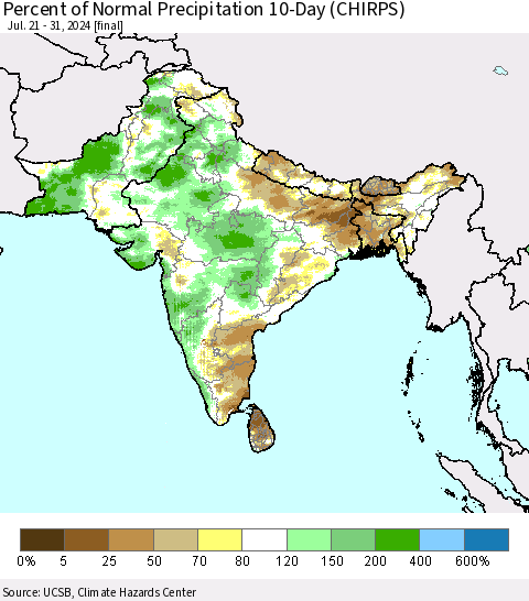 Southern Asia Percent of Normal Precipitation 10-Day (CHIRPS) Thematic Map For 7/21/2024 - 7/31/2024