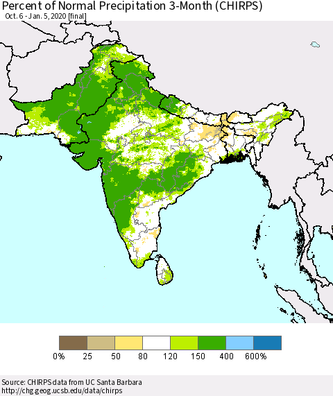 Southern Asia Percent of Normal Precipitation 3-Month (CHIRPS) Thematic Map For 10/6/2019 - 1/5/2020