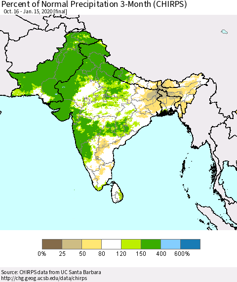 Southern Asia Percent of Normal Precipitation 3-Month (CHIRPS) Thematic Map For 10/16/2019 - 1/15/2020
