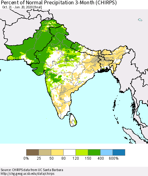 Southern Asia Percent of Normal Precipitation 3-Month (CHIRPS) Thematic Map For 10/21/2019 - 1/20/2020