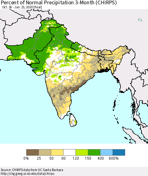 Southern Asia Percent of Normal Precipitation 3-Month (CHIRPS) Thematic Map For 10/26/2019 - 1/25/2020