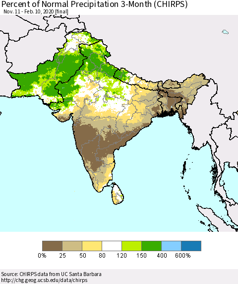 Southern Asia Percent of Normal Precipitation 3-Month (CHIRPS) Thematic Map For 11/11/2019 - 2/10/2020