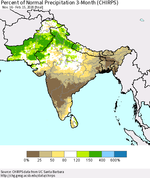 Southern Asia Percent of Normal Precipitation 3-Month (CHIRPS) Thematic Map For 11/16/2019 - 2/15/2020