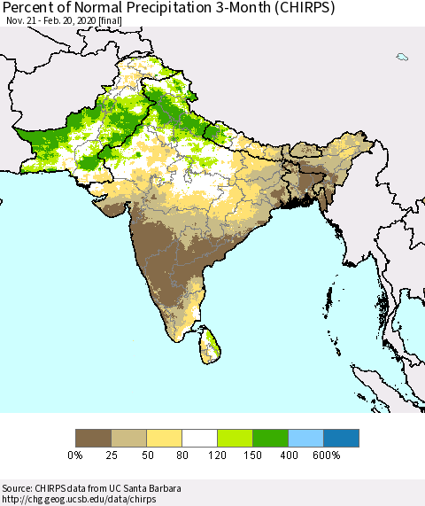 Southern Asia Percent of Normal Precipitation 3-Month (CHIRPS) Thematic Map For 11/21/2019 - 2/20/2020