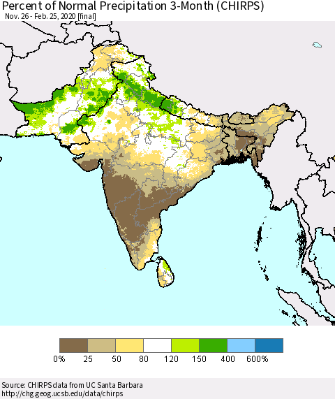 Southern Asia Percent of Normal Precipitation 3-Month (CHIRPS) Thematic Map For 11/26/2019 - 2/25/2020