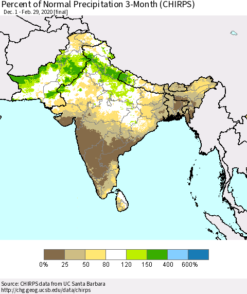 Southern Asia Percent of Normal Precipitation 3-Month (CHIRPS) Thematic Map For 12/1/2019 - 2/29/2020