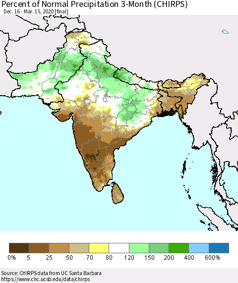 Southern Asia Percent of Normal Precipitation 3-Month (CHIRPS) Thematic Map For 12/16/2019 - 3/15/2020