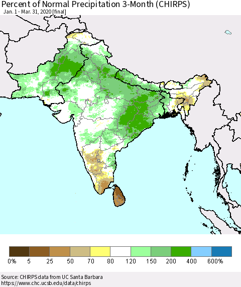 Southern Asia Percent of Normal Precipitation 3-Month (CHIRPS) Thematic Map For 1/1/2020 - 3/31/2020