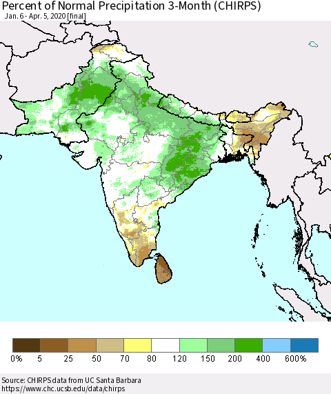 Southern Asia Percent of Normal Precipitation 3-Month (CHIRPS) Thematic Map For 1/6/2020 - 4/5/2020