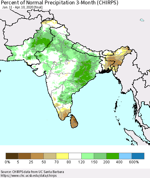 Southern Asia Percent of Normal Precipitation 3-Month (CHIRPS) Thematic Map For 1/11/2020 - 4/10/2020
