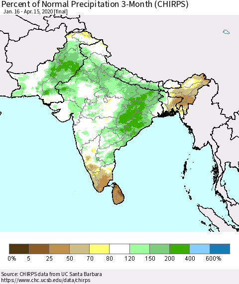 Southern Asia Percent of Normal Precipitation 3-Month (CHIRPS) Thematic Map For 1/16/2020 - 4/15/2020