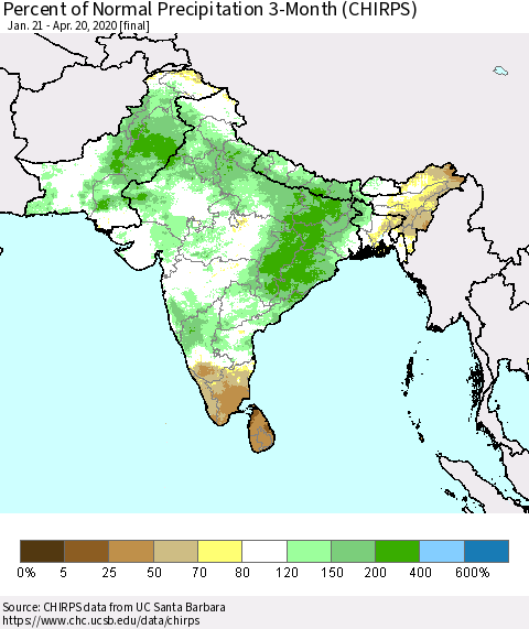 Southern Asia Percent of Normal Precipitation 3-Month (CHIRPS) Thematic Map For 1/21/2020 - 4/20/2020