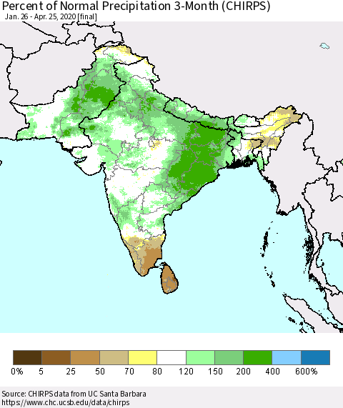 Southern Asia Percent of Normal Precipitation 3-Month (CHIRPS) Thematic Map For 1/26/2020 - 4/25/2020