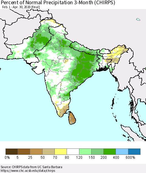 Southern Asia Percent of Normal Precipitation 3-Month (CHIRPS) Thematic Map For 2/1/2020 - 4/30/2020