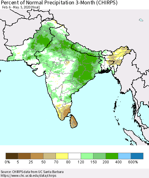 Southern Asia Percent of Normal Precipitation 3-Month (CHIRPS) Thematic Map For 2/6/2020 - 5/5/2020