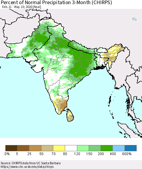 Southern Asia Percent of Normal Precipitation 3-Month (CHIRPS) Thematic Map For 2/11/2020 - 5/10/2020