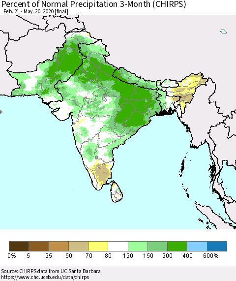 Southern Asia Percent of Normal Precipitation 3-Month (CHIRPS) Thematic Map For 2/21/2020 - 5/20/2020