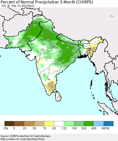 Southern Asia Percent of Normal Precipitation 3-Month (CHIRPS) Thematic Map For 2/26/2020 - 5/25/2020